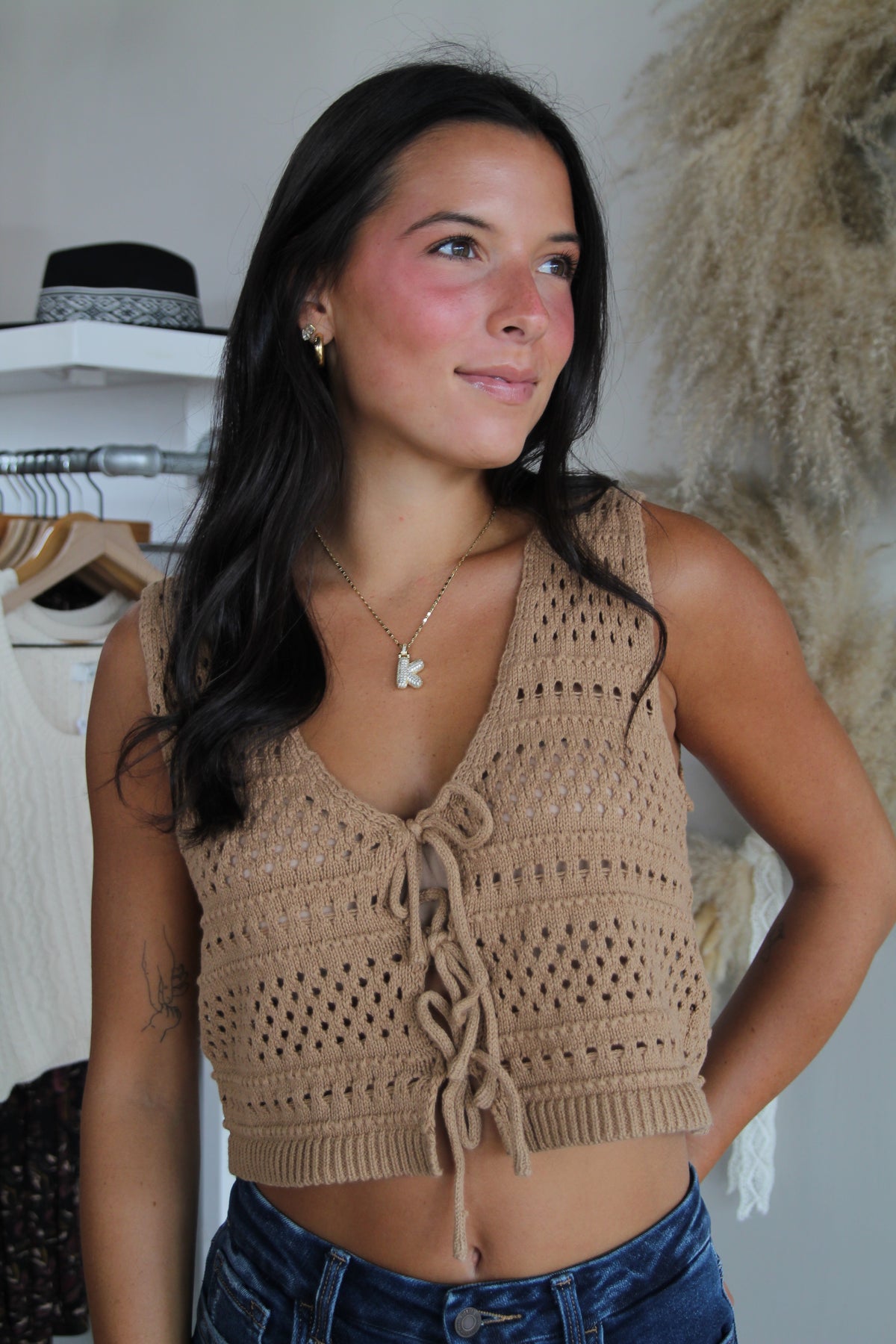Crochet Bow Vest - Taupe