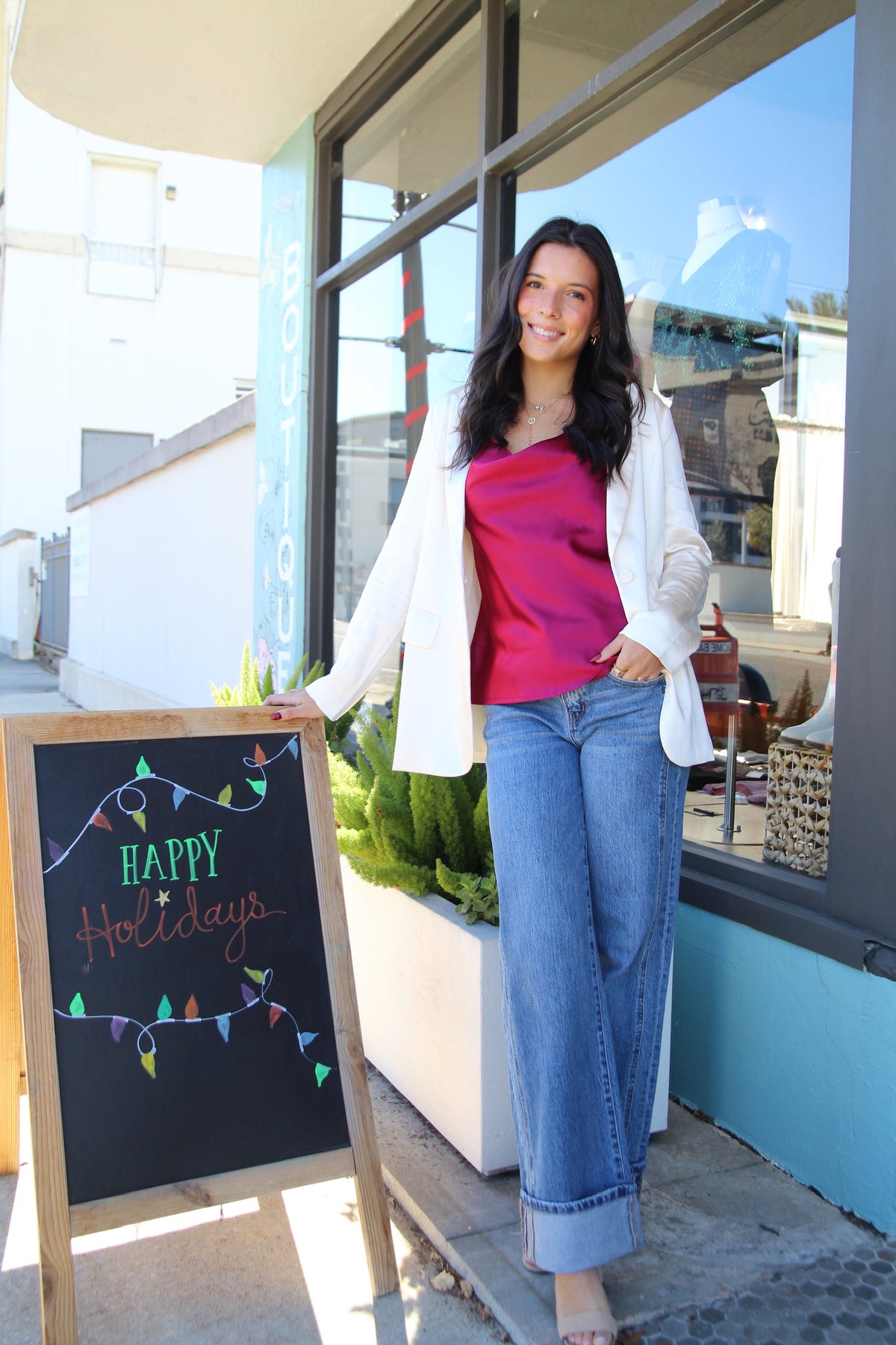 Holiday Satin Blazer - Cream