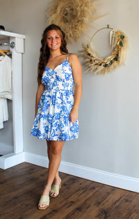 Blue Floral Linen Dress