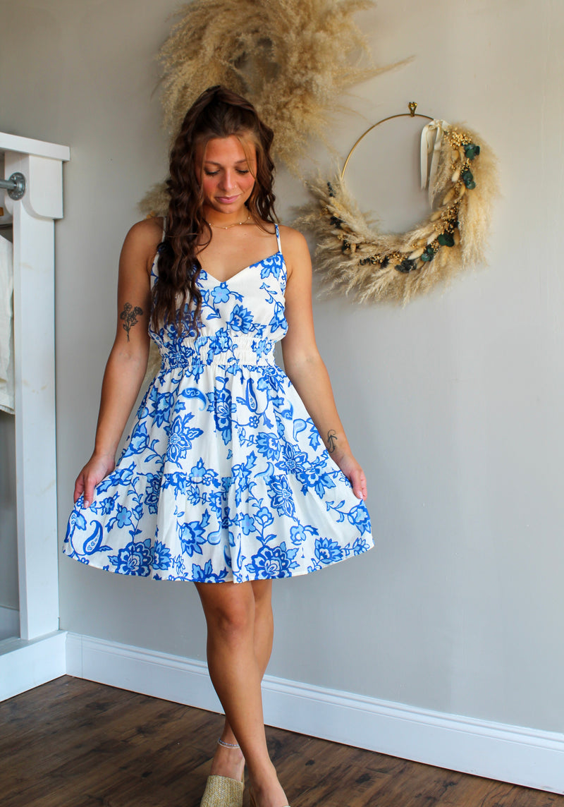 Blue Floral Linen Dress