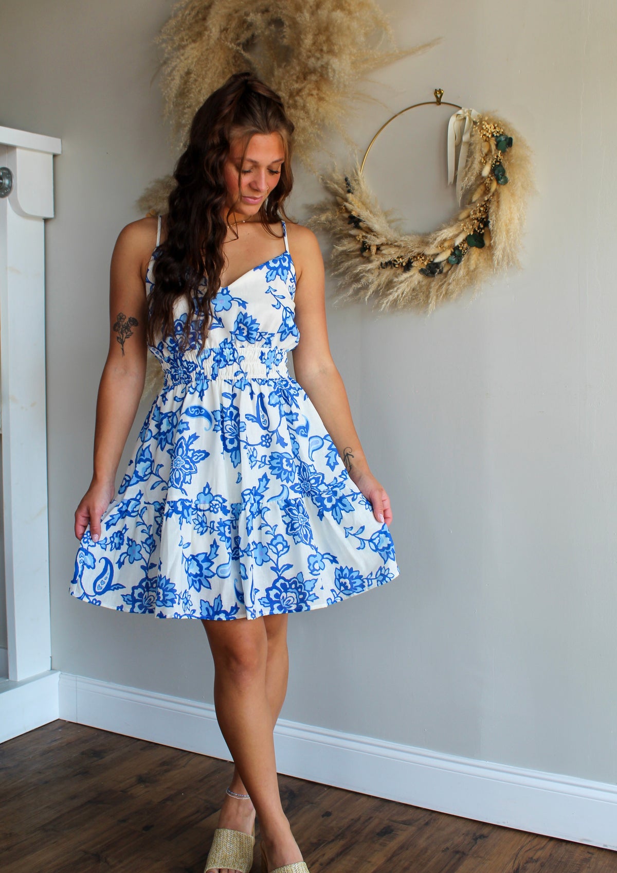 Blue Floral Linen Dress