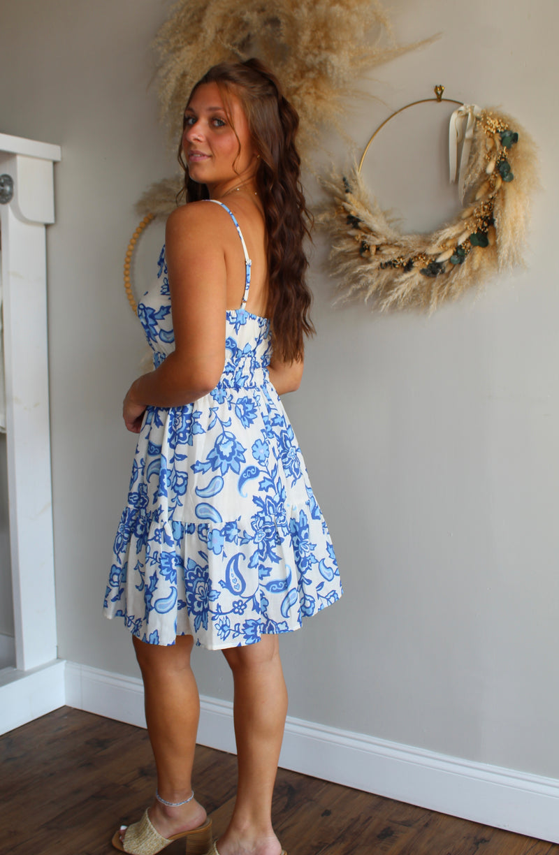 Blue Floral Linen Dress