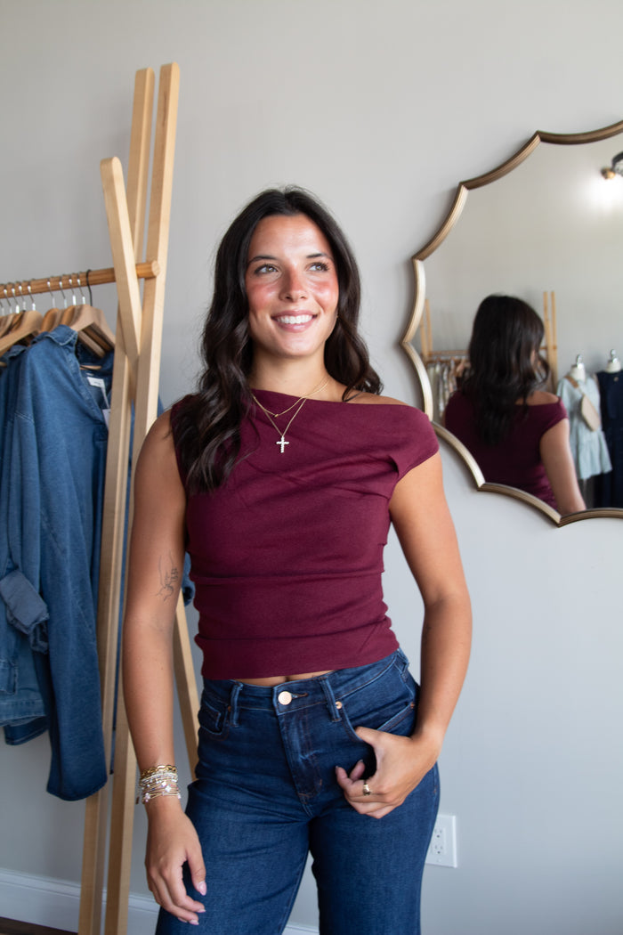 Elevated Off Shoulder Top - Burgundy