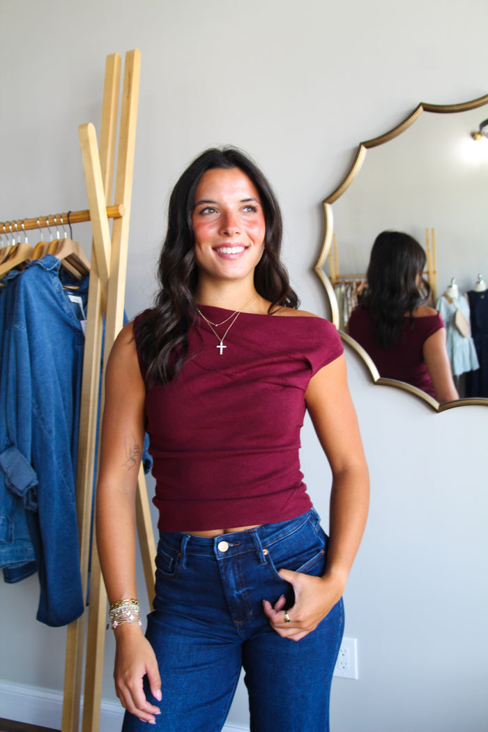 Elevated Off Shoulder Top - Burgundy