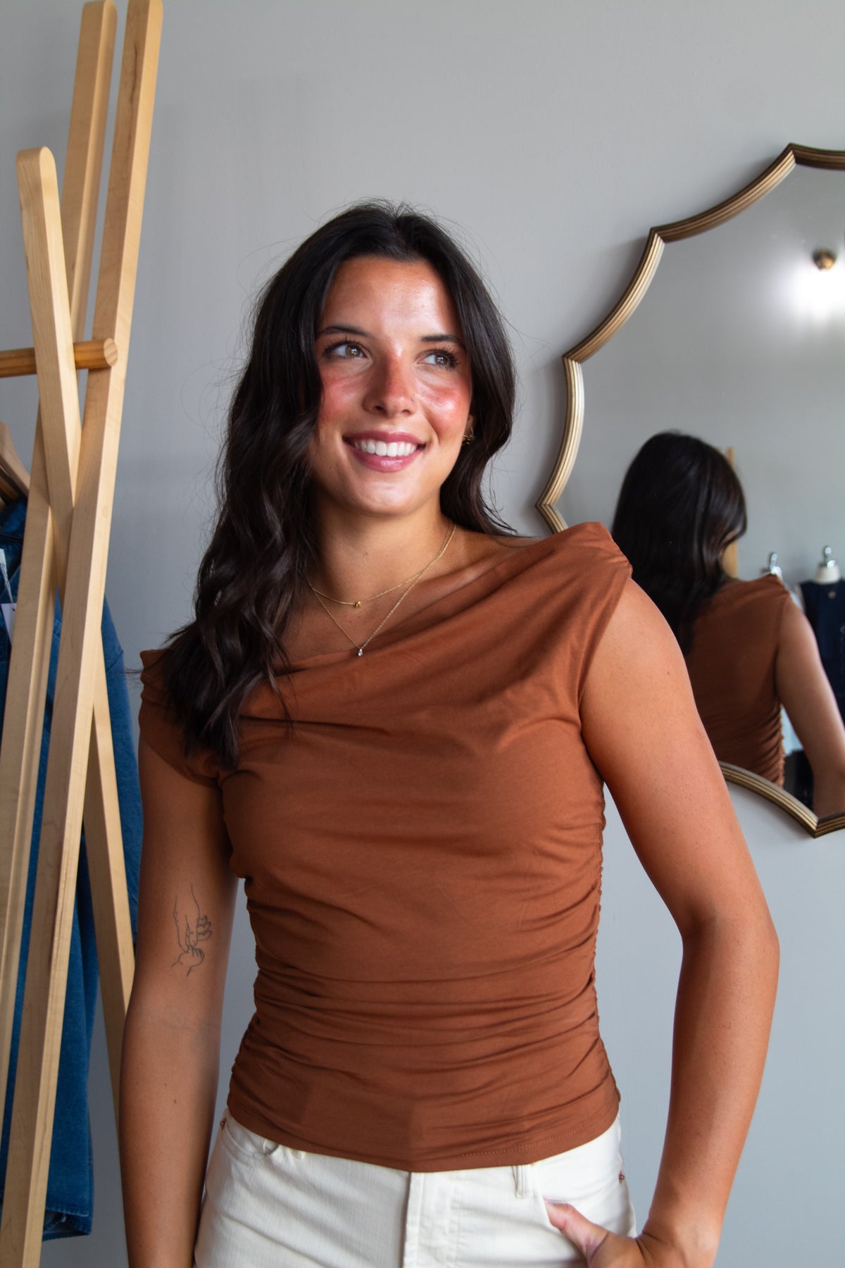 Elevated Off Shoulder Top - Brown