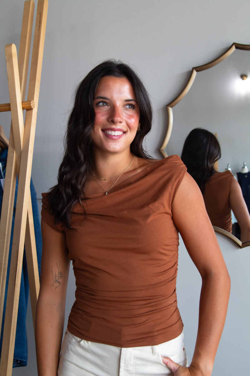 Elevated Off Shoulder Top - Brown