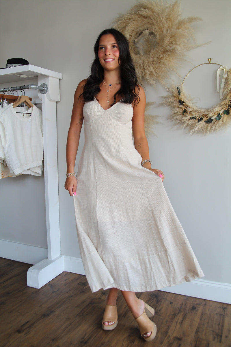 Lisa Striped Linen Dress - Taupe