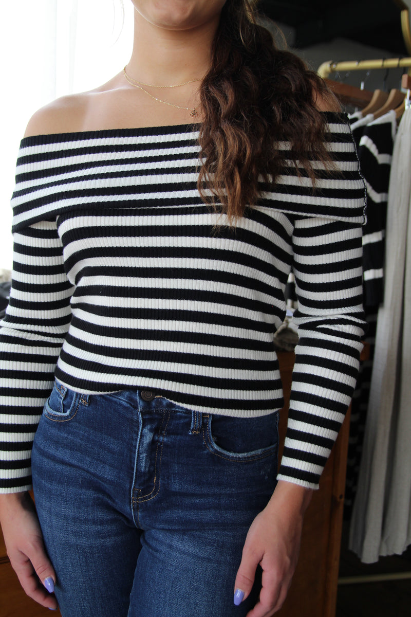 Off The Shoulder Striped Top - Black