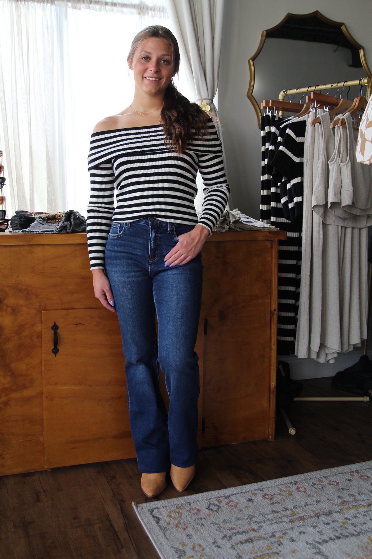 Off The Shoulder Striped Top - Black