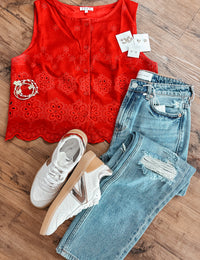 Floral Eyelet Top - Red