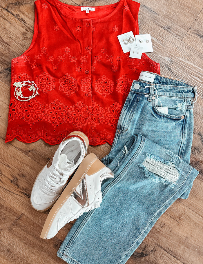 Floral Eyelet Top - Red