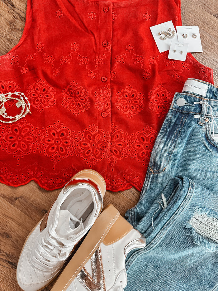 Floral Eyelet Top - Red